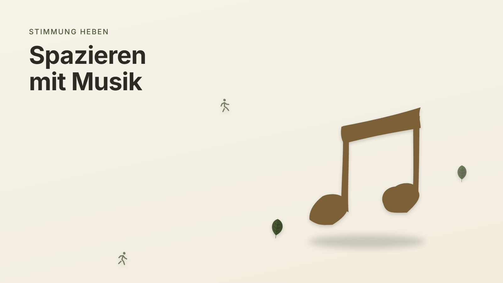 Gezeichnete Musiknote mit Blättern auf cremefarbenem Grund, Überschrift: Spazieren mit Musik